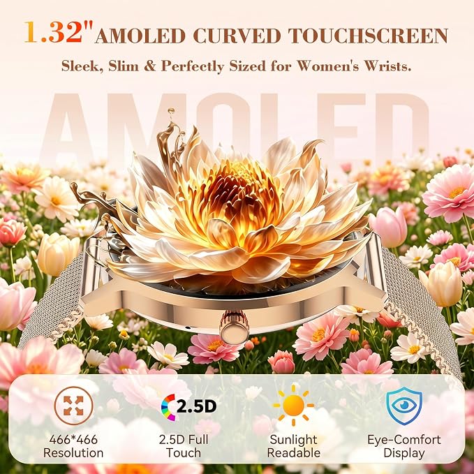 WalkerFit Smart Watches for Women, 1.32" AMOLED Curved Screen Fitness Tracker, Bluetooth Call for Android and iPhone, IP68 Waterproof Smartwatch, Wireless Charging, Heart Rate Tracker Rose Gold