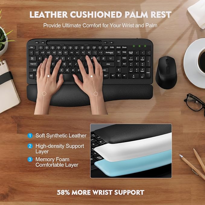 Wireless Keyboard and Mouse Combo, Full-Sized Ergonomic Wave Keys Keyboard with Memory Foam Wrist Rest & Phone Holder, 2.4G Quiet Keyboard Mouse Work Setup for PC Laptop, Office or Home (Black)