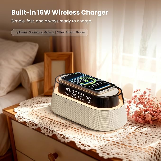 6-in-1 Bluetooth Speaker Alarm Clock with Remote, 15W Fast Wireless Charger, FM Radio & Dimmable LED Night Light, Dual Digital Clock for Bedroom Home Office, Ideal Gifts for Him, Men Women