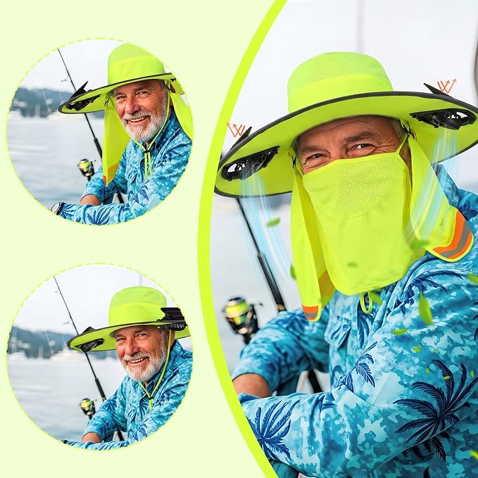 Sun Hat with Fan for Women Men Wide Brim Fishing Solar Hat with Face Cover Neck Flap Reflective with Dual Power