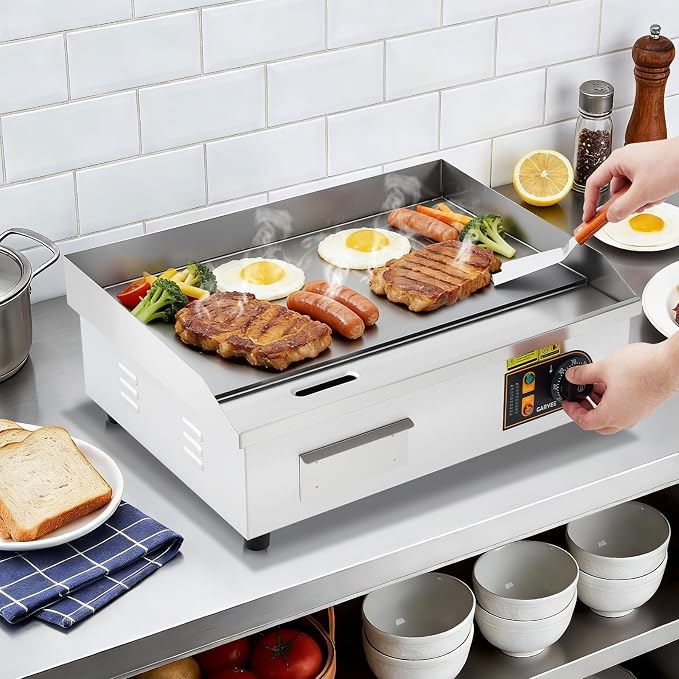 Garvee 22in Commercial Electric Flat Top Griddle Non-Stick for Breakfast Bars, Countertop Flat Top Grill with 2 Shovels and 2 Brushes for Roadside Stands, 122℉-572 ℉ Adjustable Temp