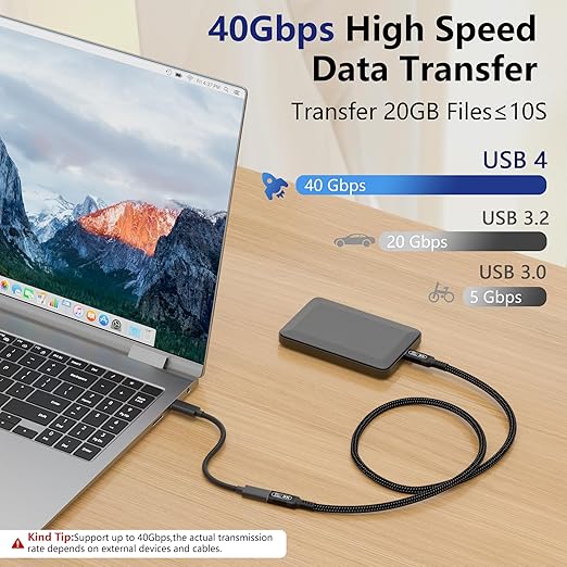 1M/3.3FT USB-C Male to Female Extension Cable Compact & Tangle-Free, 40Gbps High-Speed and 240W PD, Supports Thunderbolt 4/3/USB4/8K Display, Compatible with M-acBook/Dell/SSD/eGPU