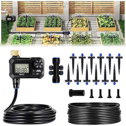 HIRALIY 50FT Automatic Drip Irrigation Kit with Timer, Quick-Connect Garden Watering System with 40FT 1/4" Tubing, 10FT Main Hose, 12 Adjustable Drippers for Patio, Raised Beds & Potted Plants