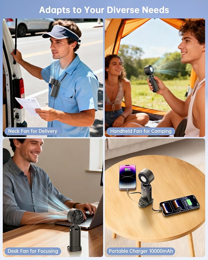 Portable Handheld Personal Fan with USB-C & iOS Cables 5V/2.4A Fast Charging for Cellphone/Tablet, 20H Cooling Time, Foldable Design with Phone Stand for Camping Travel Outdoor (2, Black+Pink)