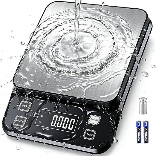 IPX7 Waterproof Food Scale 0.1g Precision Kitchen Scale, 5kg/11lb Digital Food Scale USB Rechargeable, Backlight Gram Scale Stainless Steel & Washable Digital Scale for Cooking, Baking,Weight Loss