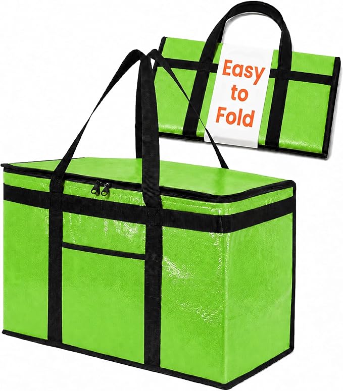 Insulated Bags for Food Delivery (2XL PRO) Grocery Shopping Cooler Bag, Pizza Delivery, Hot & Cold Catering Tote, Reusable, Foldable & Heavy Duty (Green)