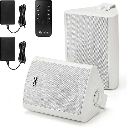 Herdio 4" 200W Outdoor Bluetooth Speakers, IPX5 Waterproof Rating and Be Able to Wireless Multi-Connection Up to 20 Units for Patio/Porch/Balcony (White, 2-Pack)