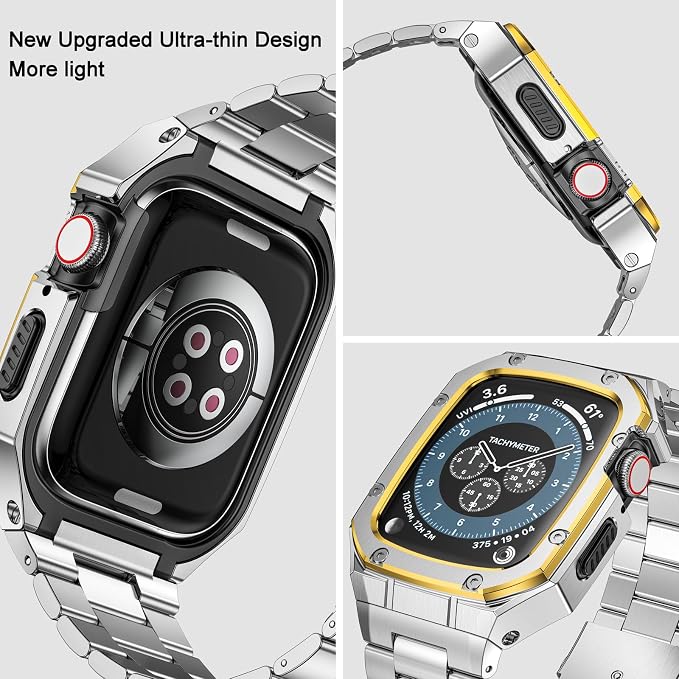 BAITEYOU Stainless Steel Band with Case Compatible with Apple Watch Series SE 3 2 1/6 5 4 (44mm), Series 3 2 1 (42mm), Metal Protective Bumper Rugged Cover for iWatch Bands Men (Silver/Gold)