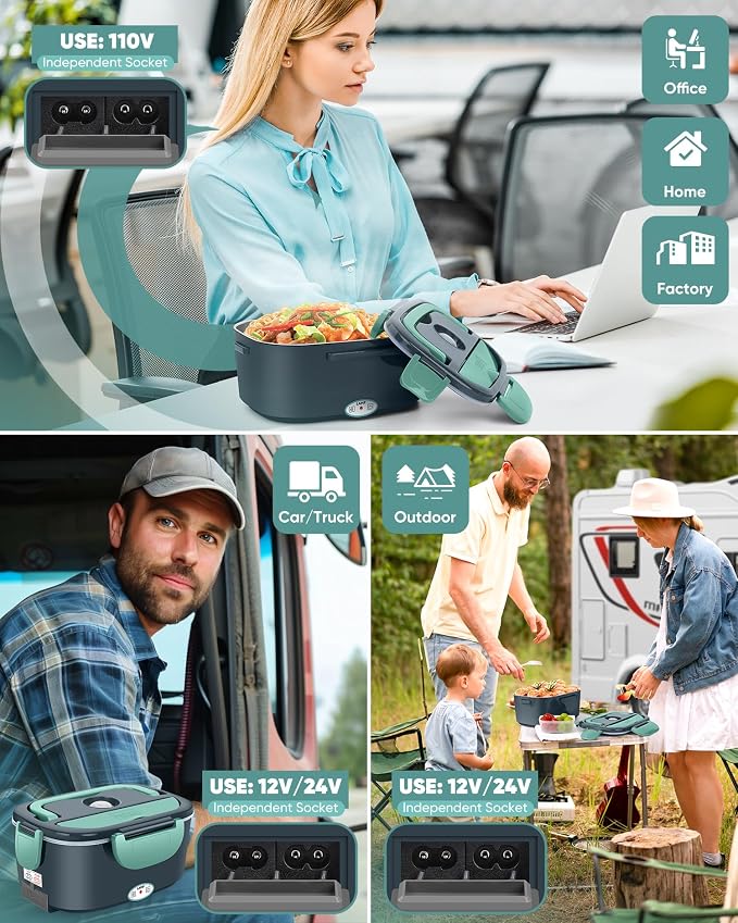 Eocolz Electric Lunch Box Food Heater, Food Warmer 1.5L Portable Heated Lunch Box for Car Truck Work Stainless Steel Fork & Spoon 12/24/110V for Adults Lonchera Eléctrica (gray-blue)