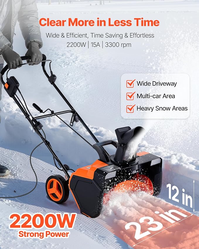 VEVOR Corded Electric Snow Blower, 23-inch 15A Snow Thrower with Dual LED Headlights & 180° Rotating Chute, 25FT Throwing Distance, 12" Depth Clearing, Walk-Behind Snowblower for Driveway Sidewalk