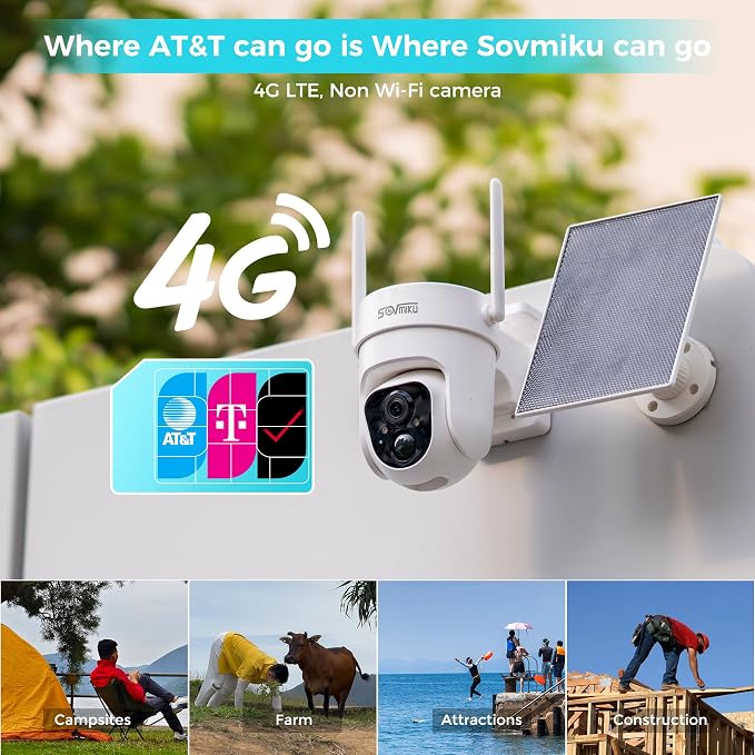 Sovmiku 2CQ3 4G LTE Cellular Security Camera Wireless Outdoor, $14.9/Month for Unlimited Data, Easy to Setup, IP65 Waterproof,No Wi-Fi Surveillance Cam Two Way Audio, Color Night Vision, 32GB Included