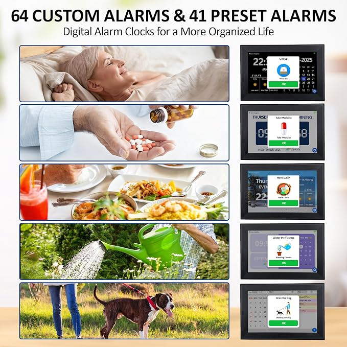 WiFi 10.1 Inch Digital Alarm Clock for Seniors, Large Display with Day/Date Smart Touchscreen Electronic Calendar 64 Alarms 64 Reminders Dementia Alarm Clock for Elderly（Black）