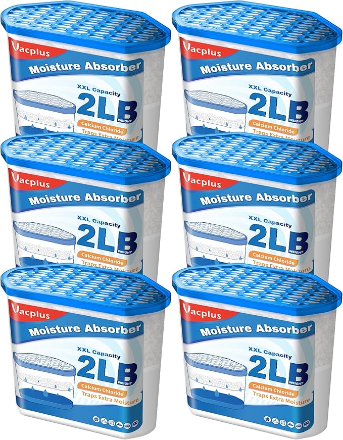 Vacplus Moisture Absorber Buckets 6 Pack – Large Capacity Dehumidifier and Humidity Absorber for Closet, Basement, Bathroom, RV, and Storage Areas, Unscented, 2 lbs, 7.1" x 4.7" x 6.6"