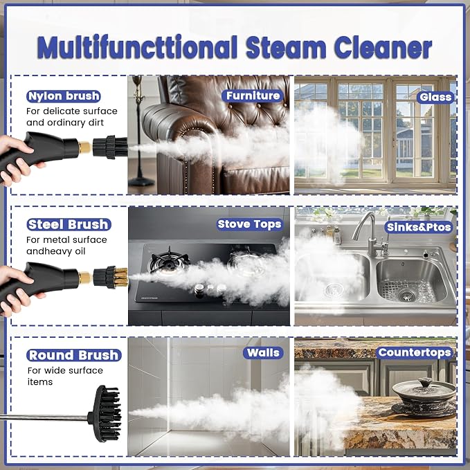 Steam Cleaner, Portable Pressurized Steamer for Cleaning with 14pcs Accessories, 6-Level Adjustable and 15s Heat-Up, Handheld Steam Cleaner for Home, Tile, Dirt, Grout, Grease, Car Detailing (Gray)