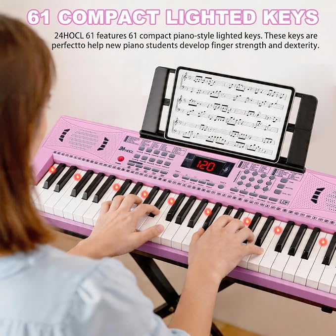 Keyboard Piano 61 Lighted Keys, Electric Keyboard Kit with 100 Voices, 100 Rhythms - Built-In Speaker, Microphone, Sheet Stand and Power Supply, Gift for Children Beginners [Pink, Piano with Stand]