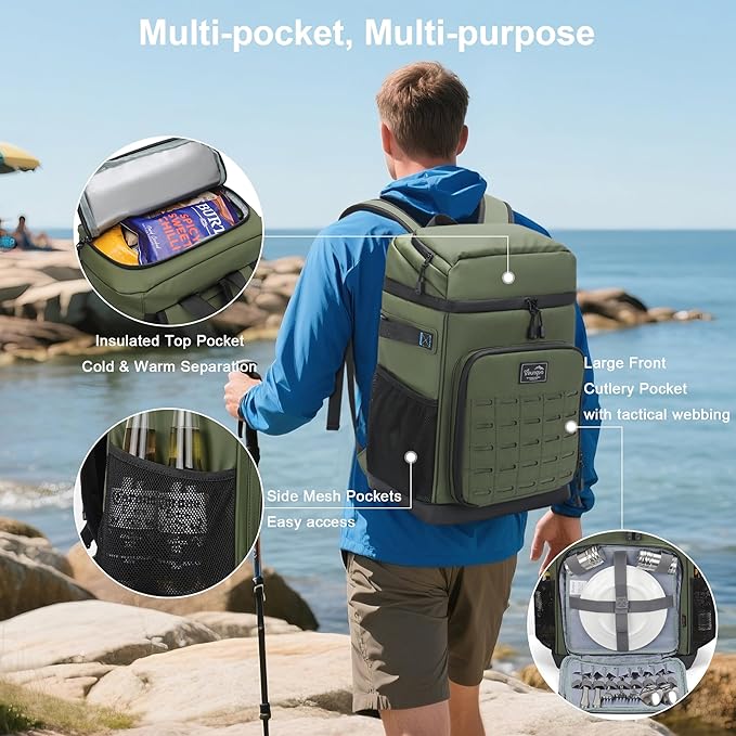 Cooler Backpack Insulated Waterproof for Men and Women, 2 Insulated Compartments Backpack Cooler for Beach Travel Camping, Portable Lightweight (Green, Large)