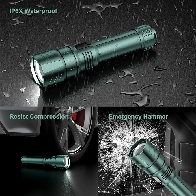 SKYFIRE LED Flashlights High Lumens,3000lm Super Bright Rechargeable,Zoomable,4 Modes,Waterproof Tactical Light for Camping Essentials,Outdoor and Home Emergencies-Green