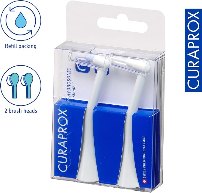 Curaprox Hydrosonic Brush Heads Single Duo – for Precision Cleaning of Braces, Implants & Gum Line | Sonic Toothbrush Replacement Heads, 2-Pack | Swiss Made