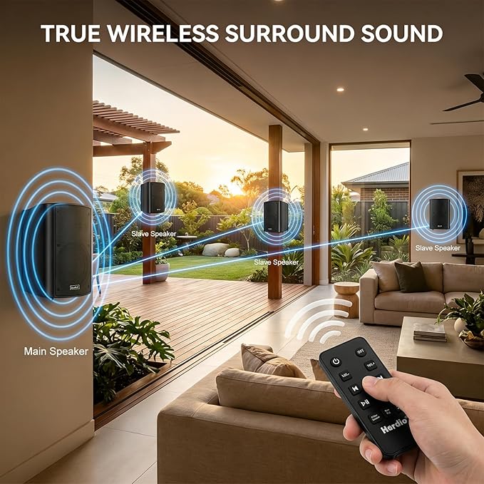 Herdio 4" 200W Outdoor Bluetooth Speakers, IPX5 Waterproof Rating and Be Able to Wireless Multi-Connection Up to 20 Units for Patio/Porch/Balcony (Black, 2-Pack)
