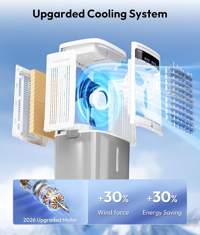3-in-1 Portable Evaporative Air Cooler - 2000 CFM Swamp Cooler with 6.6-Gal Dual Tank & 4 Ice Packs, Remote Control, 12H Timer, Oscillating Cooling Fan That Blows Cold Air for Large Room, Office