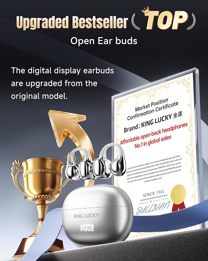 King Lucky Next-gen Clip on Earbuds Open Ear Wireless Bluetooth 6.0 Headphones with Mic,50H Play,ENC,IPX5 Waterproof,Sports Ear Buds,Comfortable for Small Ears&Fitness,Run (Silver, Digital Display)
