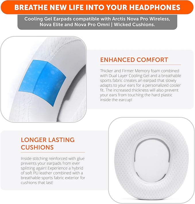 WC Freeze Nova Pro Wireless - Cooling Gel Earpads for Arctis Nova Pro Wireless, Nova Elite & Nova Pro Omni (Doesn’t Fit Other Models), by Wicked Cushions, Extra Thick & Comfortable | White