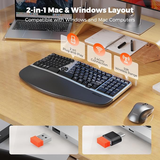 MEETION Ergonomic Keyboard and Mouse Wireless Combo, 2.4G Curved Compact Keyboard with Cushioned Palm Rest, 4 Level DPI Adjustable Wireless Mouse, for Windows/Mac/Desktop/PC/Laptop, Gray Black