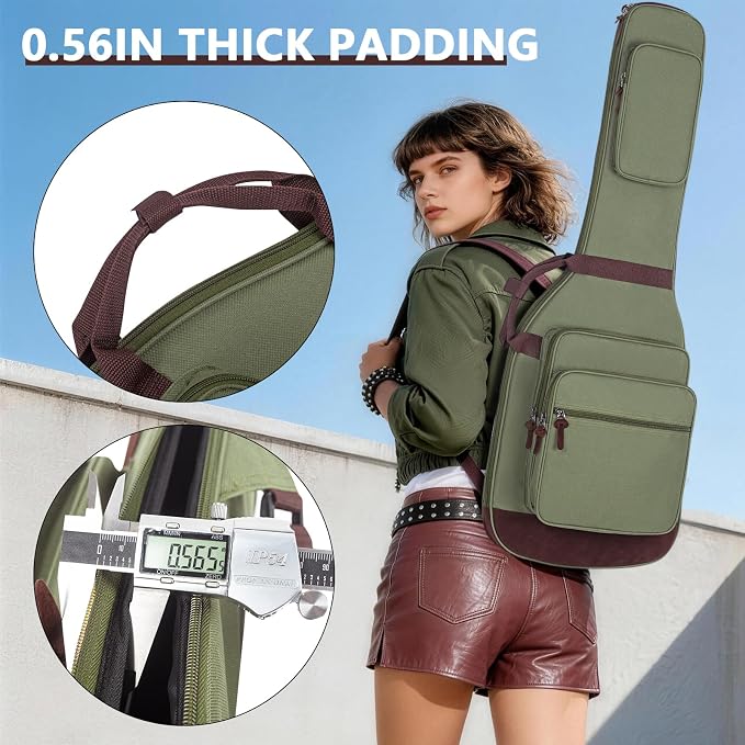 Electric Guitar Bag 0.5 Inch Padding Electric Guitar Case, Electric Guitar Gig Bag Backpack with Neck Strap and 4 Pockets, Green