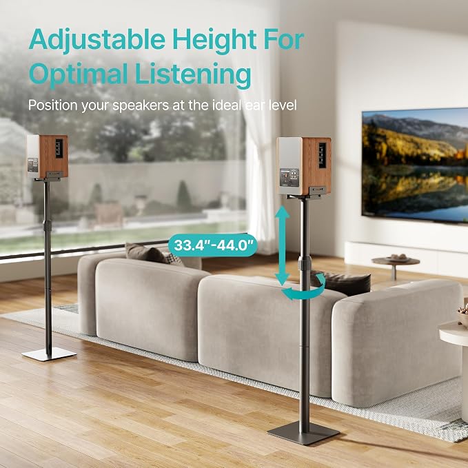 Pegzone Height-Adjustable Speaker Stands Pair, Black | Height Adjustable from 33.4" to 44", 11LBS Capacity, Surround Sound Speaker Stands, Cable Management, 1 Pair