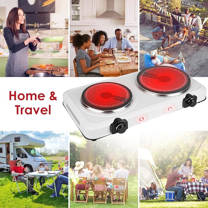 KOCASO 1800W Dual Infrared Burner Hot Plate, 7.5" & 6.3" Glass Cooktop, Stepless Temp Control 302°F-1022°F, Portable Electric Stove for Home, RV, Camping, Dorms