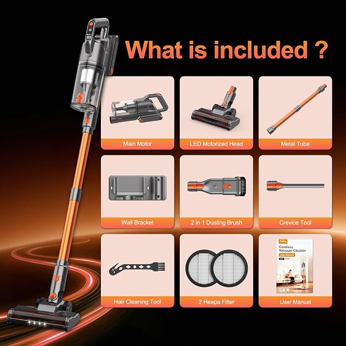 Zefiro Cordless Vacuum Cleaner, 600W 50KPA 55Mins Vacuum Cleaners for Home, Stick Vacuum with LED Display, Anti-Tangle, Wall Mount, Lightweight, Rechargeable Wireless Vacumm for Pet Hair (Orange)
