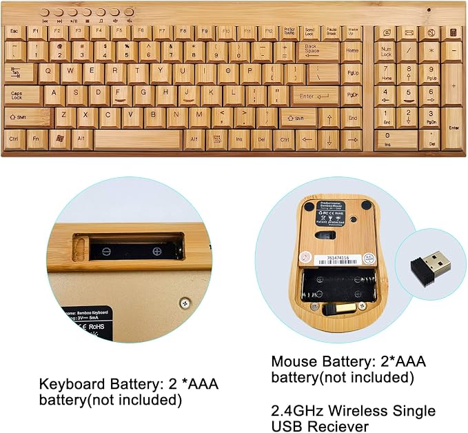 Smart Tech Handcrafted Natural Bamboo Wooden PC Wireless 2.4GHz Keyboard and Mouse Combo