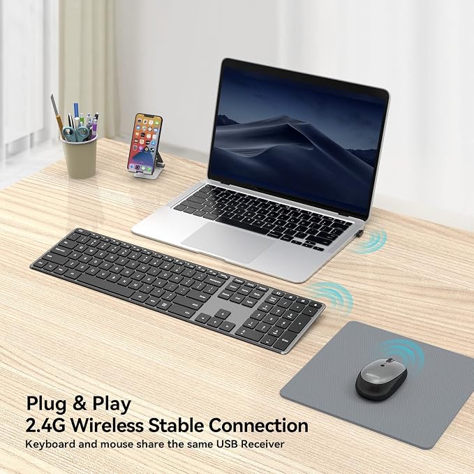 AUSDOM Wireless Keyboard and Mouse Combo, Cordless Quiet Keyboard Mouse Set, Rechargeable Slim Silent Full Size Keyboard with 3 DPI Adjustable Mouse, Ultra-Thin for Windows, Laptop, Black Gray