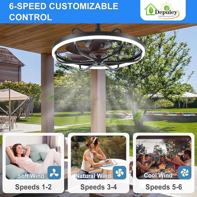Depuley 20" Outdoor Ceiling Fan with Lights, Walnut and Black Waterproof Gazebo Hanging Fan with Remote App Control, Dimmable Plug in Caged Outdoor Ceiling Fans for patios Porch 6-Speeds