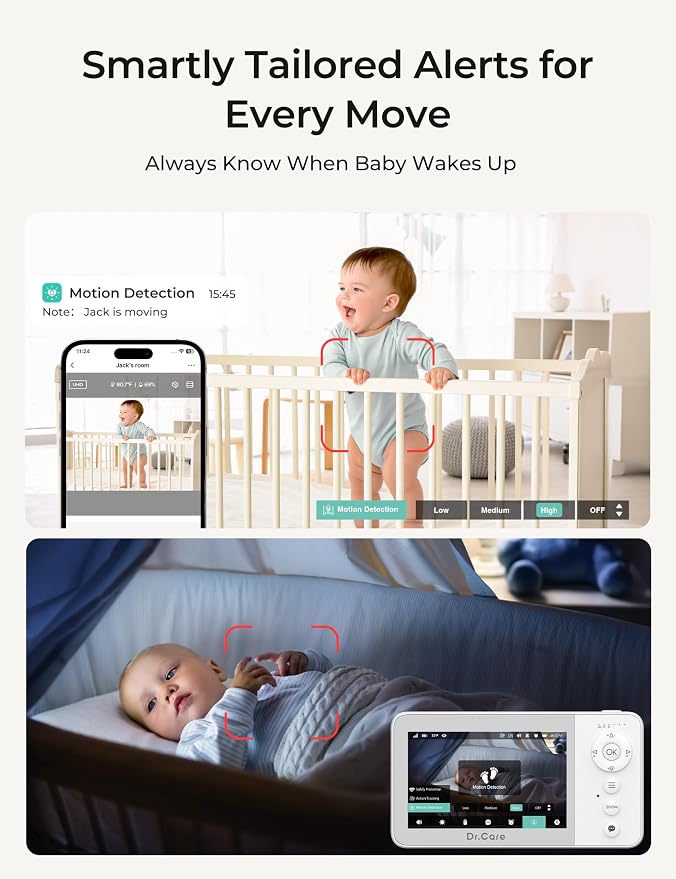 Dr.Care VistaView Lite RB Smart WiFi Baby Monitor with 2 Cameras - 4” 720P Split Screen & 1080P Camera App Control, Motion Alerts, 2500mAh Removable Battery, Night Vision, 2-Way Talk, Multi-User