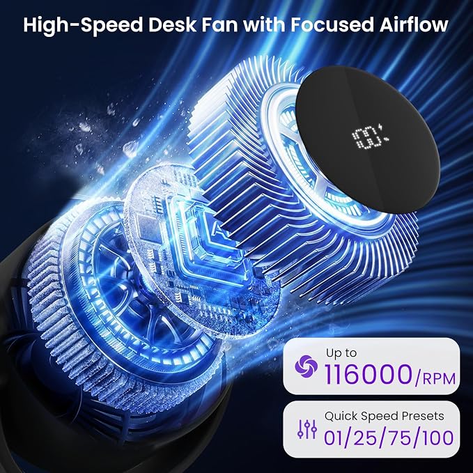 Desk Fan - 120° Oscillating Portable Table Fan, Rechargeable Wall Mount Air Circulator with Twist-Lock Suction Cup for Kitchen, Bathroom, Office and Travel, Black