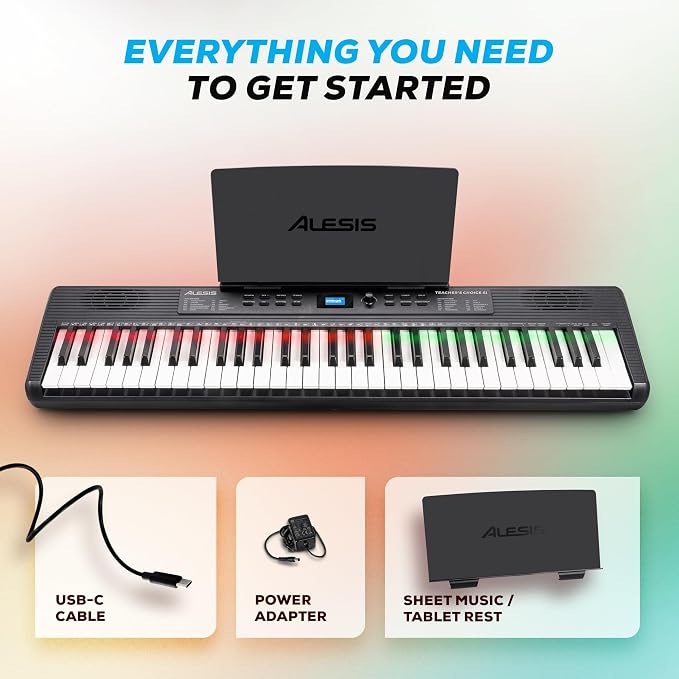Alesis Teacher's Choice 61 Portable Keyboard Piano for Beginners with 61 Light Up Keys, 300 Sounds, Speakers, Tablet Stand and Skoove Music Lessons