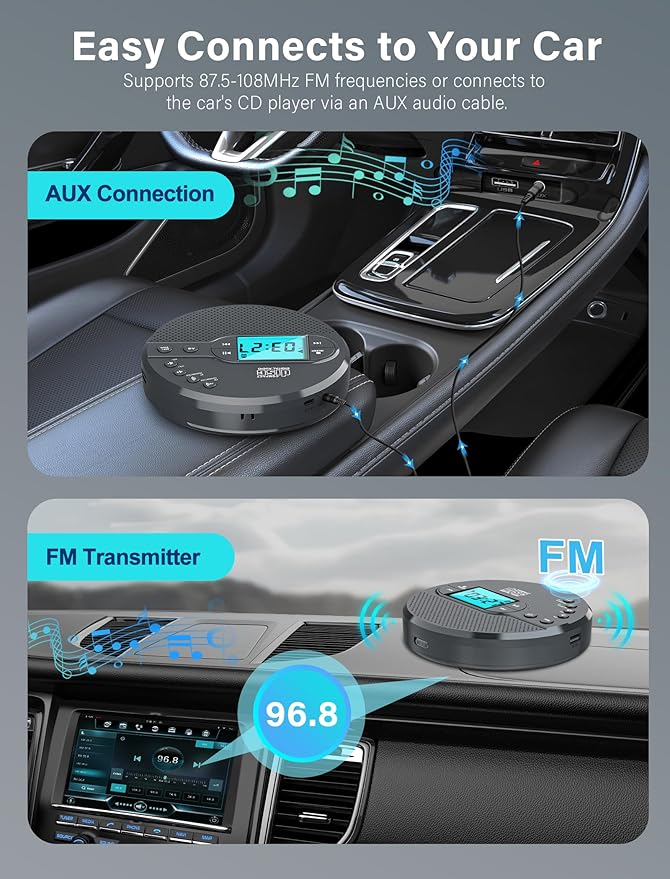 Portable CD Player with Bluetooth 2000mAh Rechargeable CD Player with FM Transmitter,Personal CD Player for Car with Anti-Skip,Headphone,LCD Screen,AUX,Built-in Stereo Speaker,USB(Dark Gray)