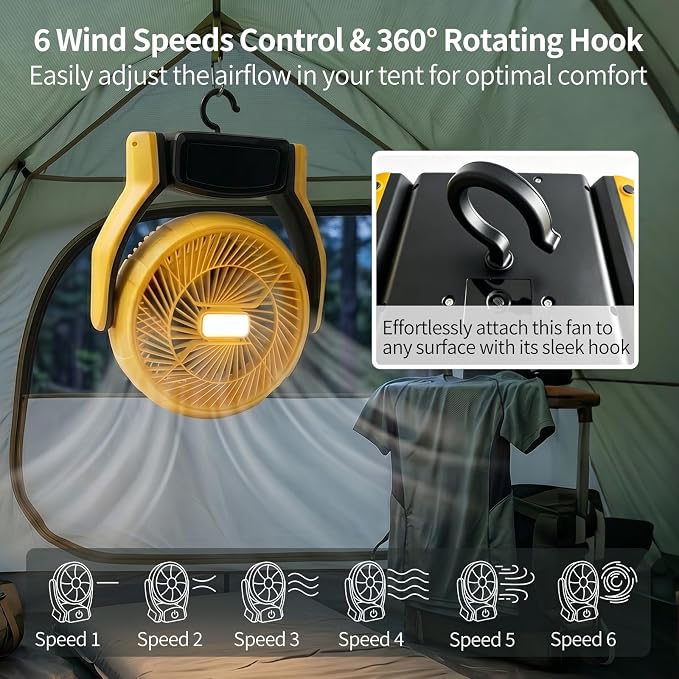Battery Operated Camp Fan Compatible with Dewalt 20V Max Battery, Cordless 6 Speeds Wind Camping Rechargeable Fan with LED Lantern/AC Adapter for Outdoor, Beach, Patio, Tent(Battery No Included)