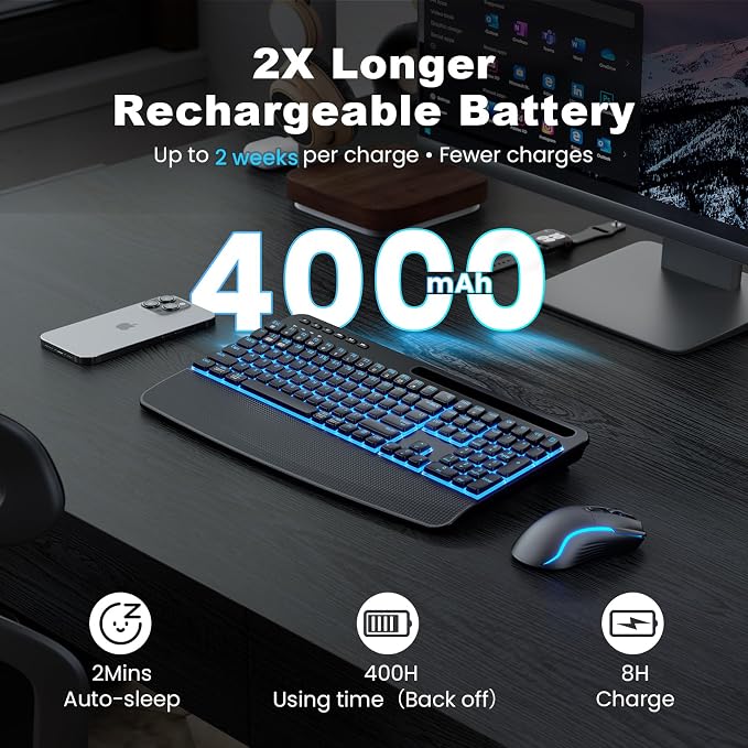 SABLUTE Wireless Keyboard and Mouse Combo, Rechargeable 4000mAh Light up Quiet Keyboard with Wrist Rest & Phone Holder, Ergonomic Silent Typing for PC/Mac/Laptop/Windows/Chrome OS