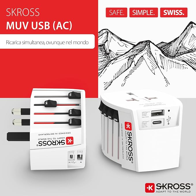 SKROSS Universal Travel Plug with USB and USB C, 1.302962, White