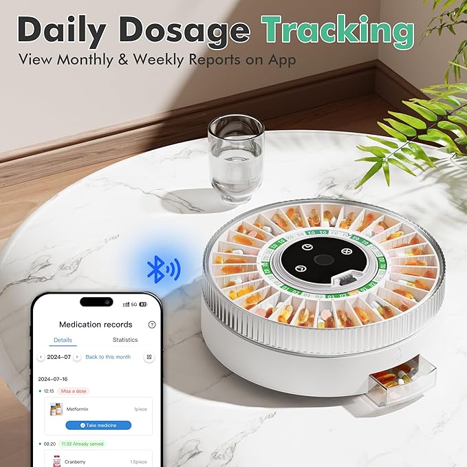 PillCalendar Bluetooth Automatic Pill Dispenser for Elderly with Alarm, Smart Pill Dispenser with 31-Slot, Fingerprint& Mechanical Dual Lock Medication Dispenser, Timed Dispenser Machine (Green)