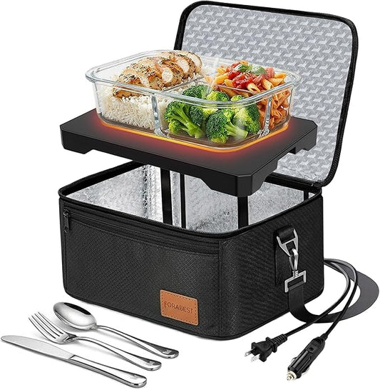 FORABEST Portable Microwave Food Warmer - Electric Lunch Box 80W with Insulated Bag and Utensils - 12V/24V Car/Truck & 110/220V Home/Office Use - Fits up to 10 x 7 x 5 Inches Containers - Black