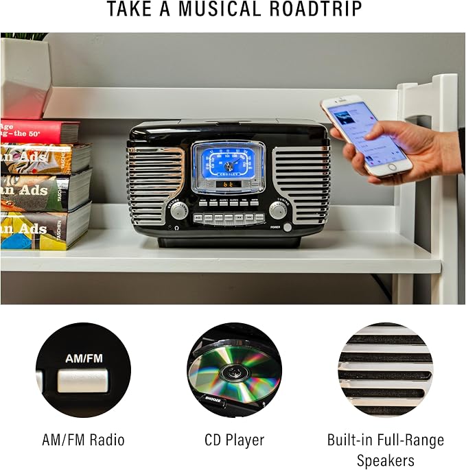 Crosley CR612B-BK Corsair Retro AM/FM Alarm Clock Radio and CD Player with Stereo Bluetooth Speakers, Black