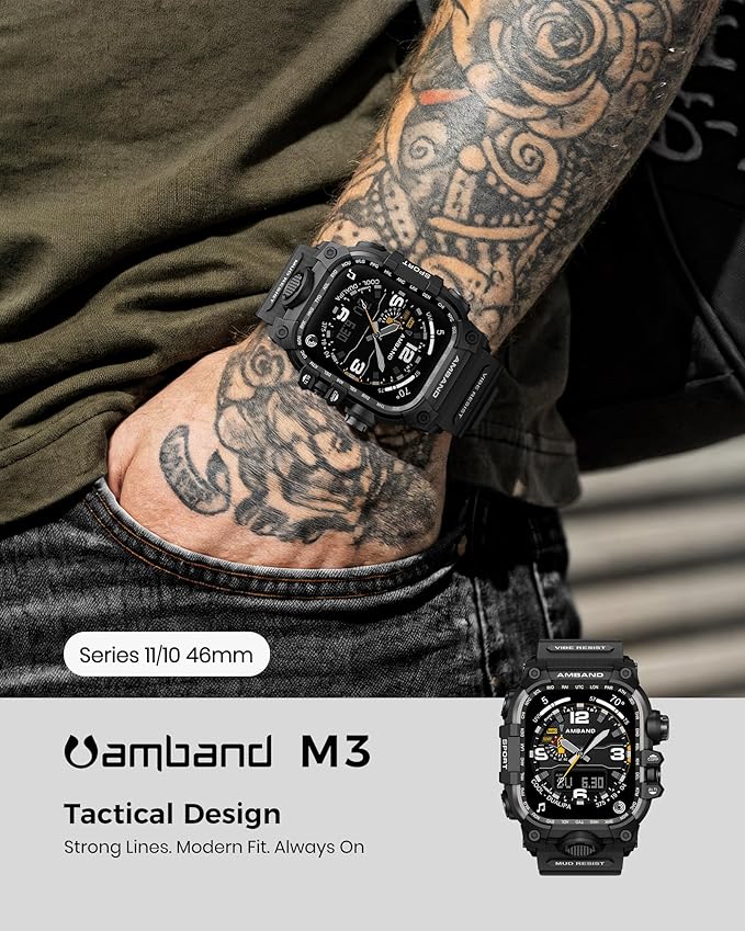 amBand Rugged Case with Band for Apple Watch 46mm, Compatible with Apple Watch (iWatch) Series 10 11, Military Grade Shockproof Bumper Cover, Tactical Band for Men, Matte Black