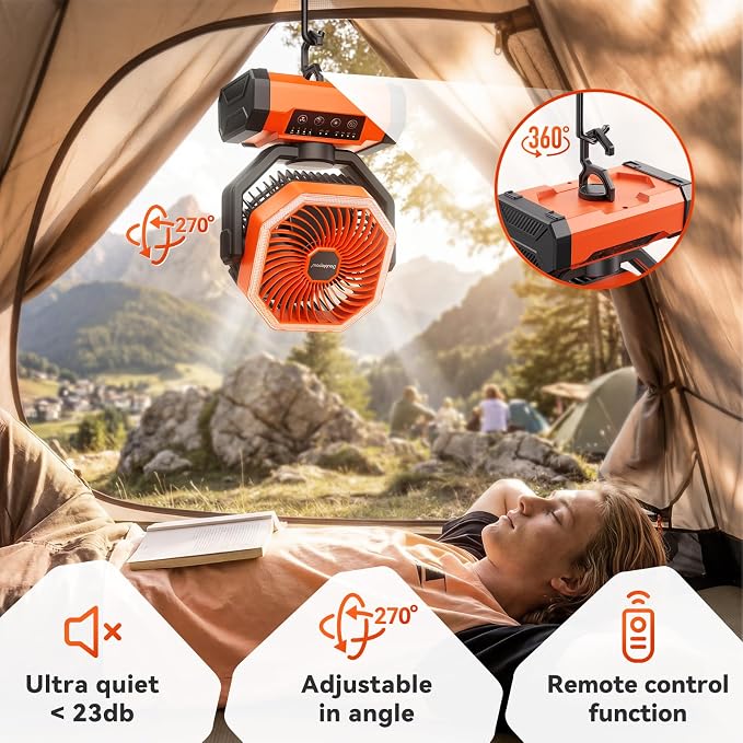 Doublepow 20000mAh Camping Fan with LED Light, Portable Table Fan with Remoter & Hook, Auto-Oscillating 4 Speeds & Timer Rechargeable Battery Operated, for Outdoor, Travel, Picnic, Power Outage