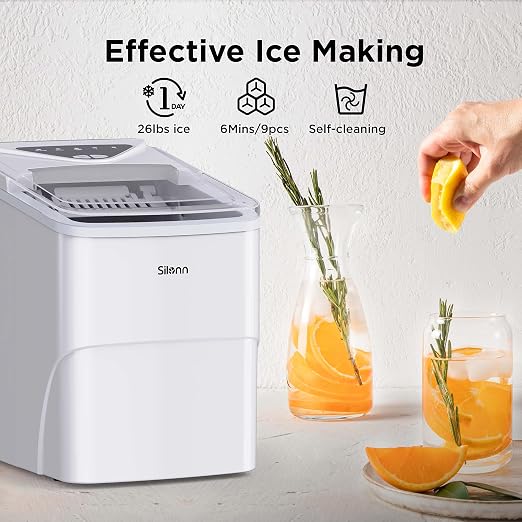 Silonn Ice Makers Countertop, 9 Bullet Ice Cubes Ready in 6 Minutes, 26lbs in 24Hrs Portable Ice Maker Machine Self-Cleaning, 2 Sizes of Bullet-Shaped Ice for Home Kitchen Office Bar Party, White