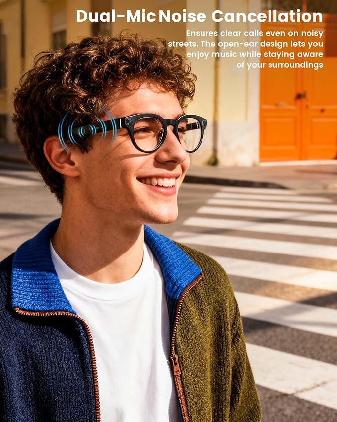 AI Smart Glasses with 8MP Camera, Continuous 12-Min 1200P Video Recording, Real-Time Translation & Voice Assistant, Open-Ear Bluetooth Audio for Vlogging, Travel & Meetings