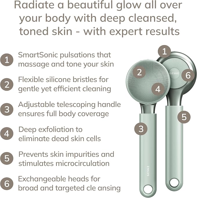 GESKE Sonic Full-Body Brush & Intensive Exfoliator | 8 in 1 | Electric Body Cleansing Brush | With SmartSonic Pulsations | Deep Cleansing, Exfoliation, Massage | Extendable Handle | Rough Skin Remover