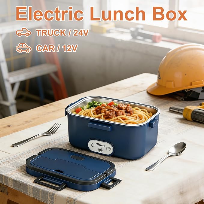Nifogo Electric Lunch Box for Adults 100W 1.8L, Faster Heated Lunch Box for Men, Portable Electric Lunch Boxes Food Heater 12V/24V/110V for Car/Truck/Work with Bag(Blue)